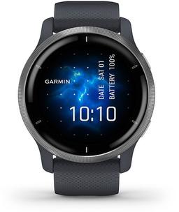 Garmin Venu 2 Smartwatch - 45mm - Silver Fiber-reinforced Polymer Case with Granite Blue Silicone Silicone Strap