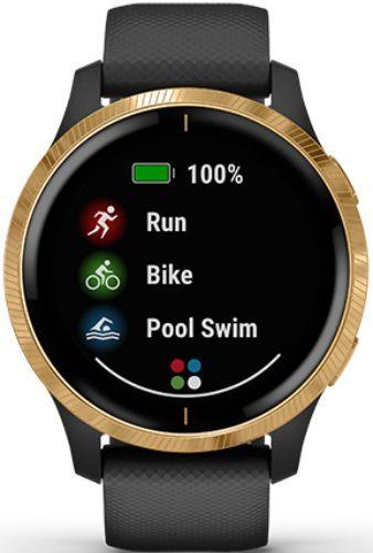 Garmin Venu Smartwatch - 30.4mm - Gold Fiber-reinforce Polymer Case with Black Silicone Silicone Strap