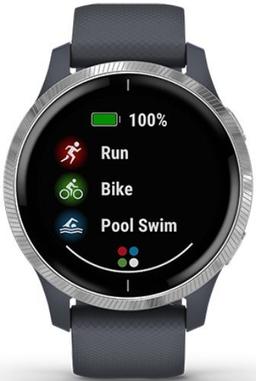 Garmin Venu Smartwatch - 30.4mm - Silver Fiber-reinforce Polymer Case with Blue Granite Silicone Silicone Strap