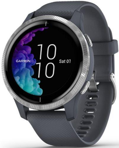 Garmin Venu Smartwatch - 30.4mm - Silver Fiber-reinforce Polymer Case with Blue Granite Silicone Silicone Strap