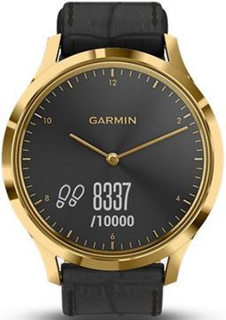 Garmin Vivomove HR Smartwatch - 43mm - 24K Gold PVD Premium Edition (Stainless Steel) Case with Black Embossed Silicone Italian Leather Band - One-Size