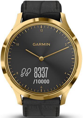 Garmin Vivomove HR Smartwatch - 43mm - 24K Gold PVD Premium Edition (Stainless Steel) Case with Black Embossed Silicone Italian Leather Band - One-Size