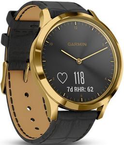 Garmin Vivomove HR Smartwatch - 43mm - 24K Gold PVD Premium Edition (Stainless Steel) Case with Black Embossed Silicone Italian Leather Band - One-Size