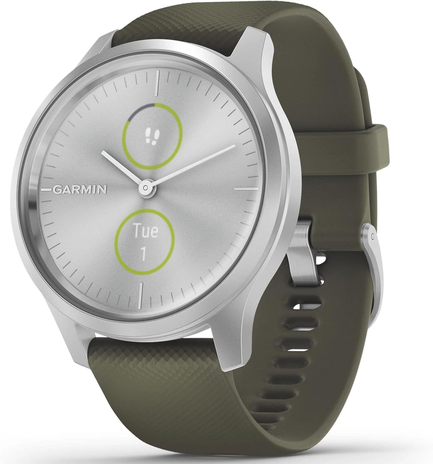 Garmin  Vivomove Style Smartwatch - 24.1mm - Silver - Anodized Aluminum - Moss Green - Silicone Strap - Silicone - Premium