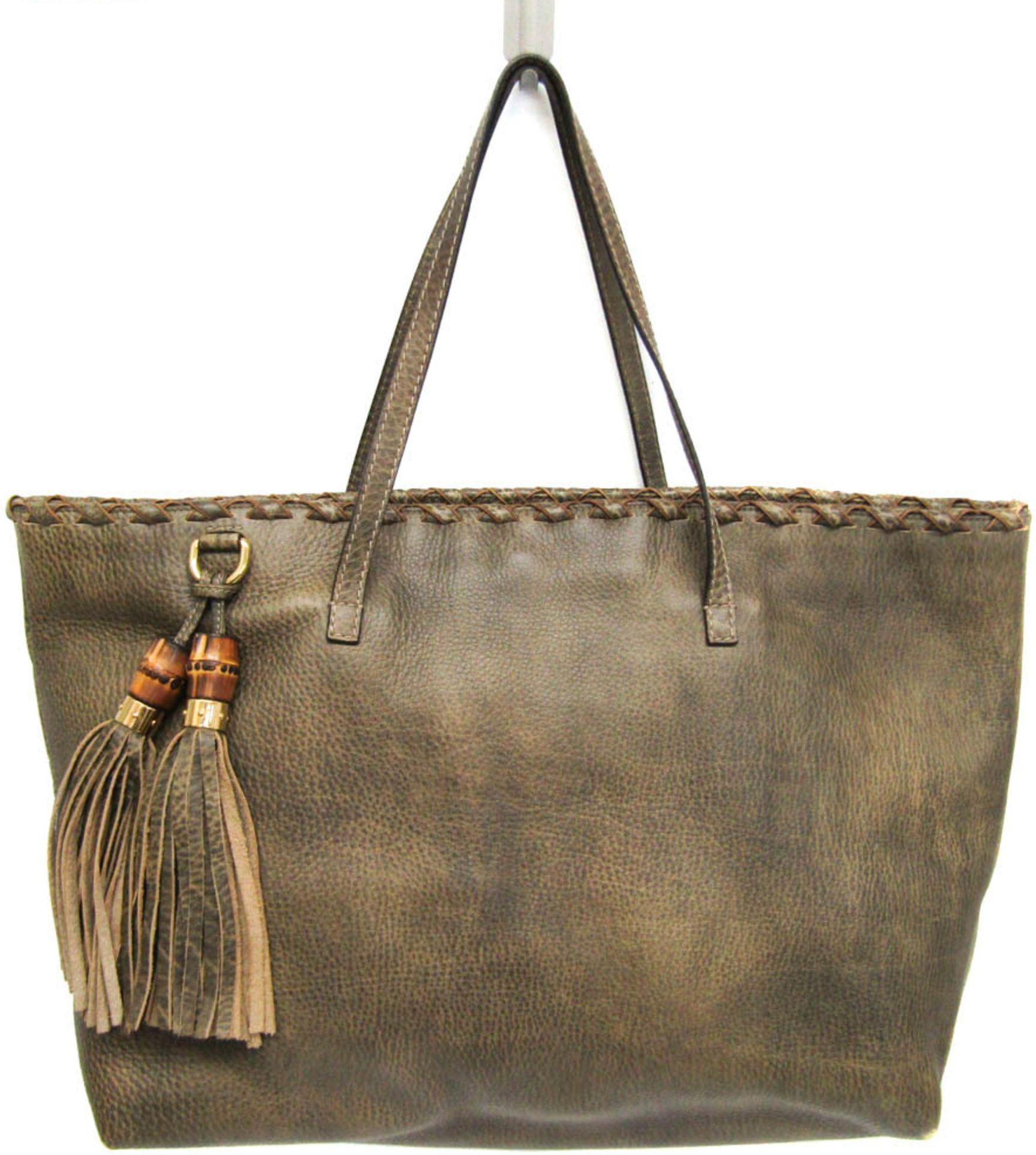 Gucci  Bamboo Leather Tote Bag - Gray Khaki - Leather - Excellent