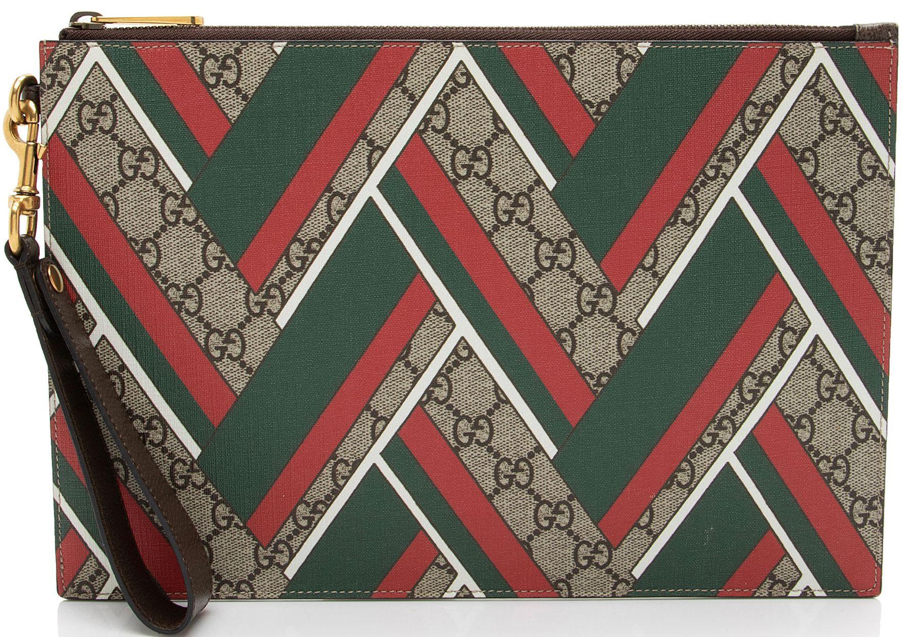 Gucci  GG Supreme Chevron Zip Wristlet - Brown/Green/Red - Coated Canvas - Excellent