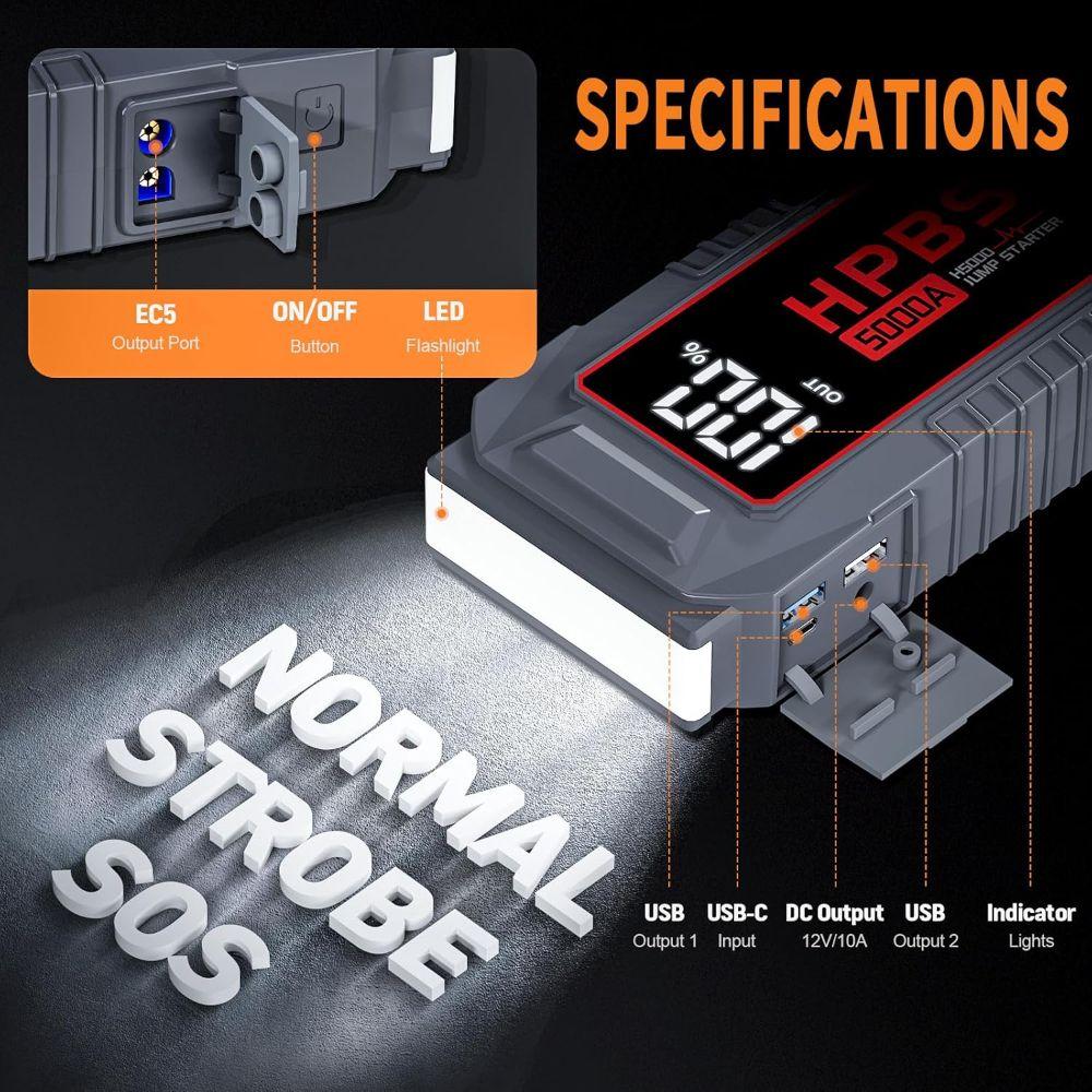 HPBS H5000 5000mAh 2-Port Power Bank Car Jump Starter - Gray