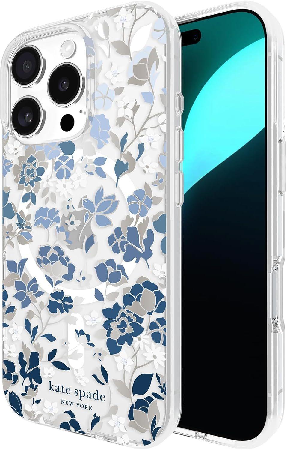 Kate Spade Phone Case with MagSafe for iPhone 16 Pro - Flowerbed Blue Gems