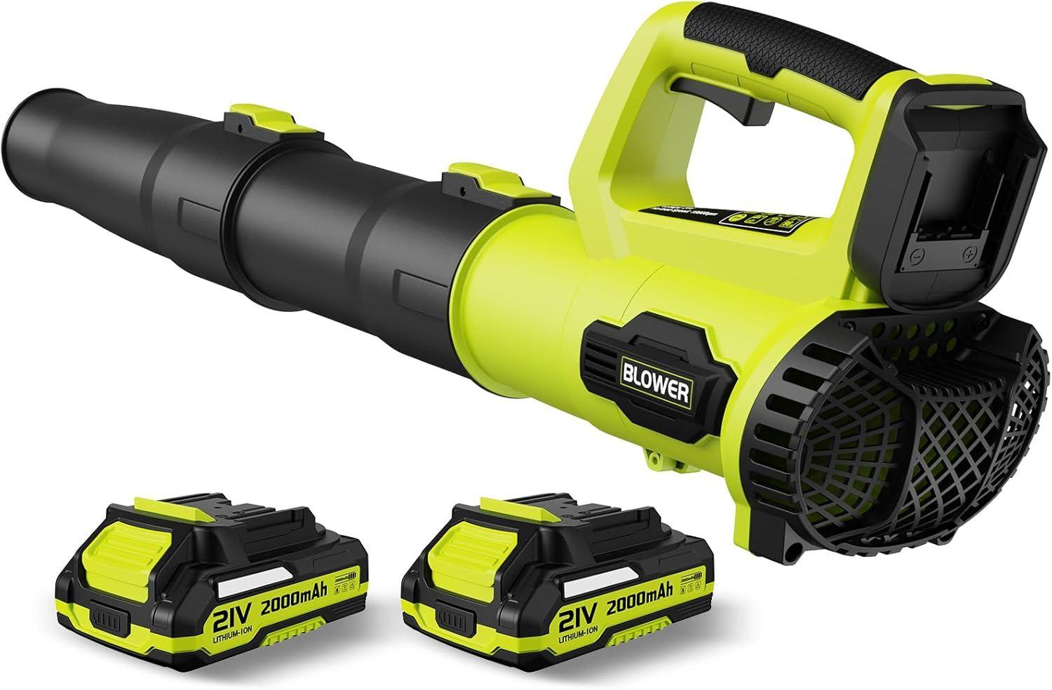 Leapul  21V Electric Cordless Leaf Blower with 2x 2.0Ah Batteries and Charger - Green - Excellent