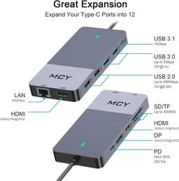 MCY USB-C 12 Ports Multifunctional Converter - Grey