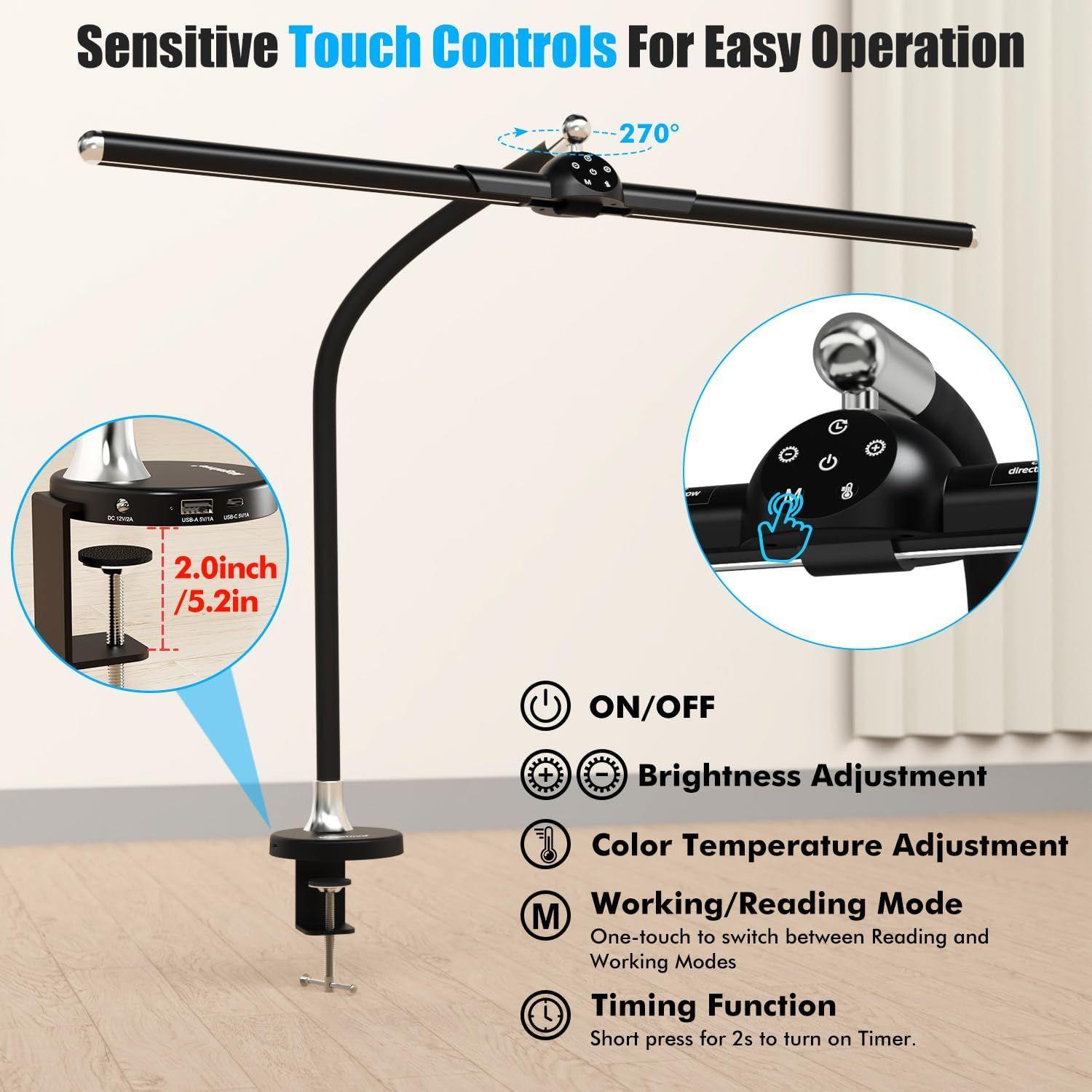 Megainvo LED Desk Lamp with Clamp - Black