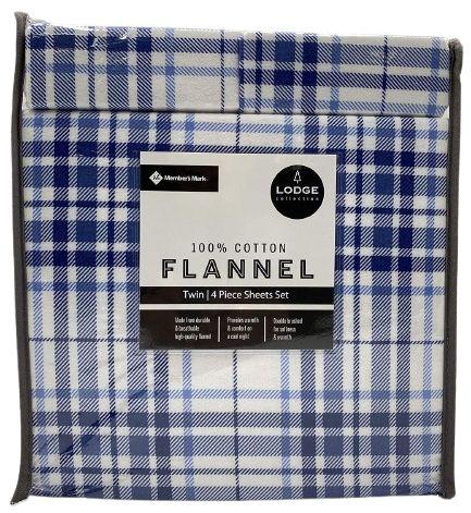 Member's Mark  100% Cotton 4pc Flannel Sheets Twin Set - Blue Plaid - Brand New