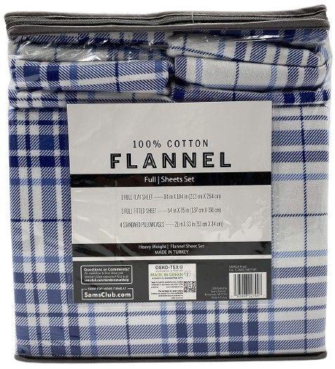 Member's Mark 100% Cotton 6pc Flannel Sheets Full Set - Blue Plaid