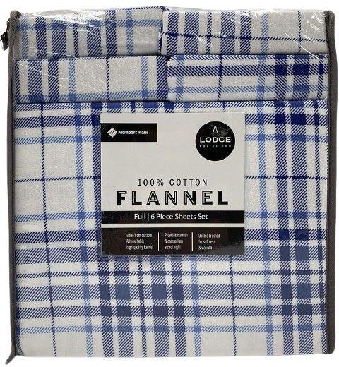 Member's Mark 100% Cotton 6pc Flannel Sheets Full Set - Blue Plaid