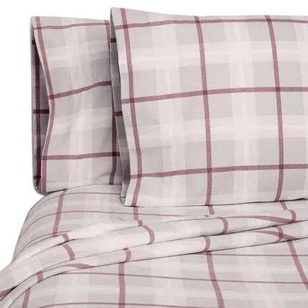 Member's Mark  100% Cotton 6pc Flannel Sheets Queen Set - Gray Red Plaid - Brand New