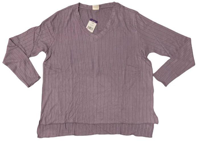 Mote  Women's V-Neck Stretch Long Sleeve Ribbed Shirt L - Lilac - Brand New