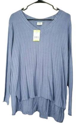 Mote Women's V-Neck Stretch Long Sleeve Ribbed Shirt M - Denim Blue