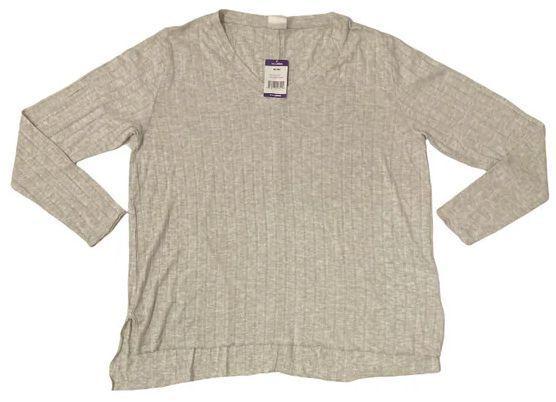 Mote  Women's V-Neck Stretch Long Sleeve Ribbed Shirt M - Marled Oatmeal - Brand New