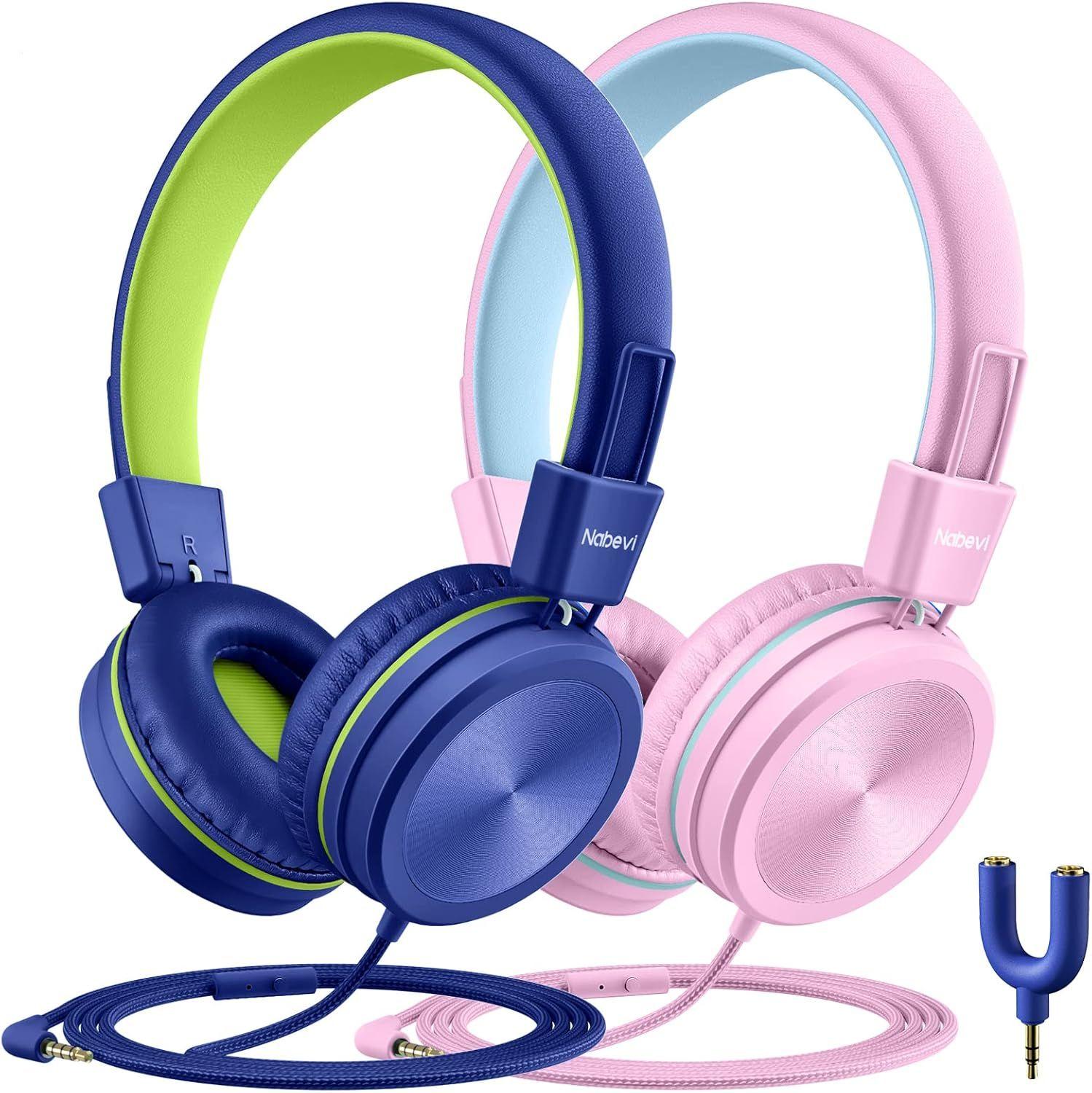 Nabevi  Kids Headphones with Microphone BH200 (2-Pack) - Pink/Blue & Dark Blue/Green - Excellent