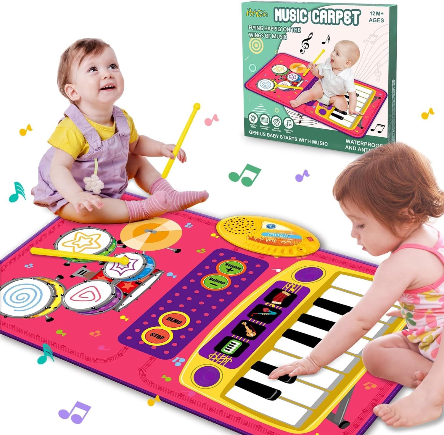 PRAGYM 2-in-1 Toddler Music Mat with Keyboard & Drum Toy - Red