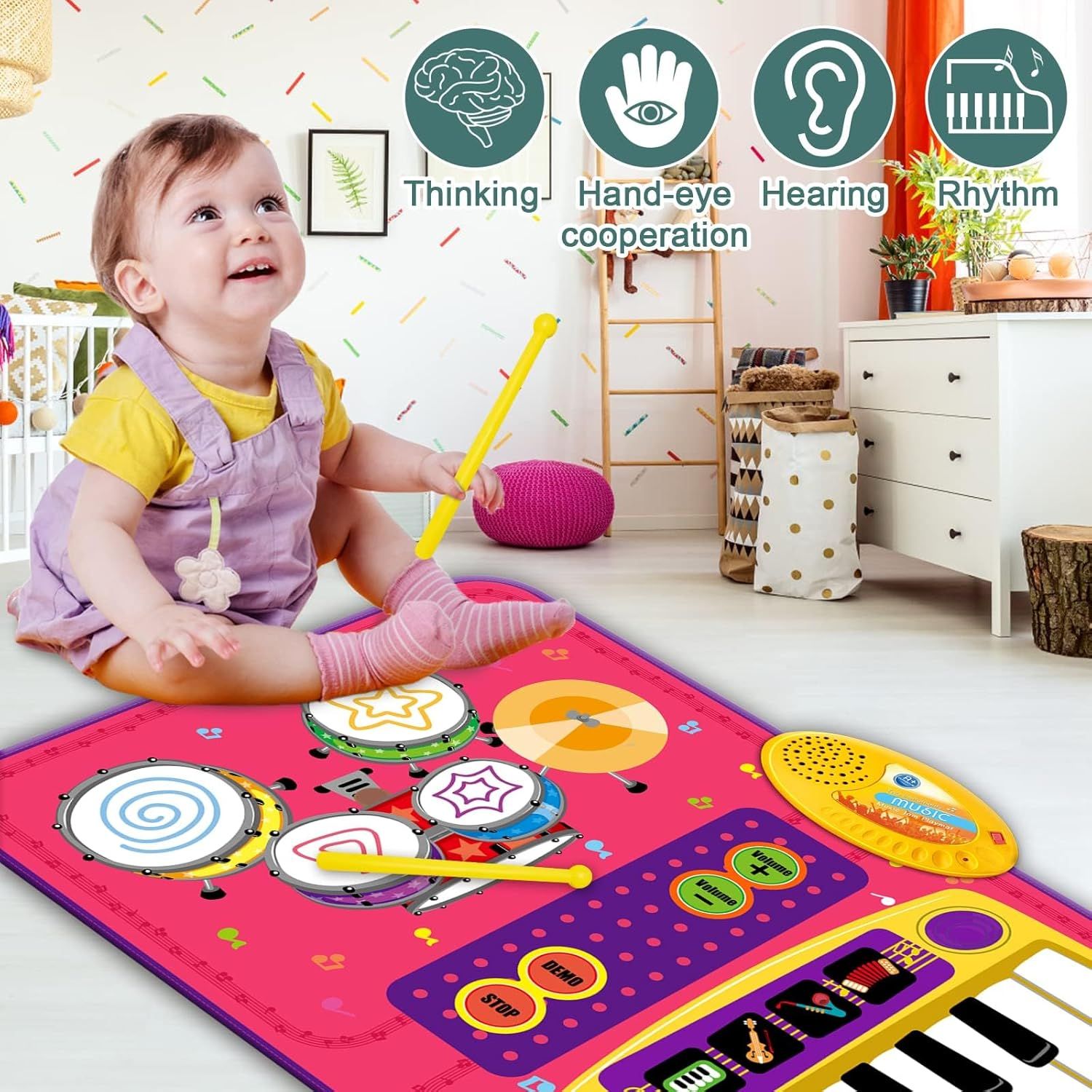 PRAGYM 2-in-1 Toddler Music Mat with Keyboard & Drum Toy - Red