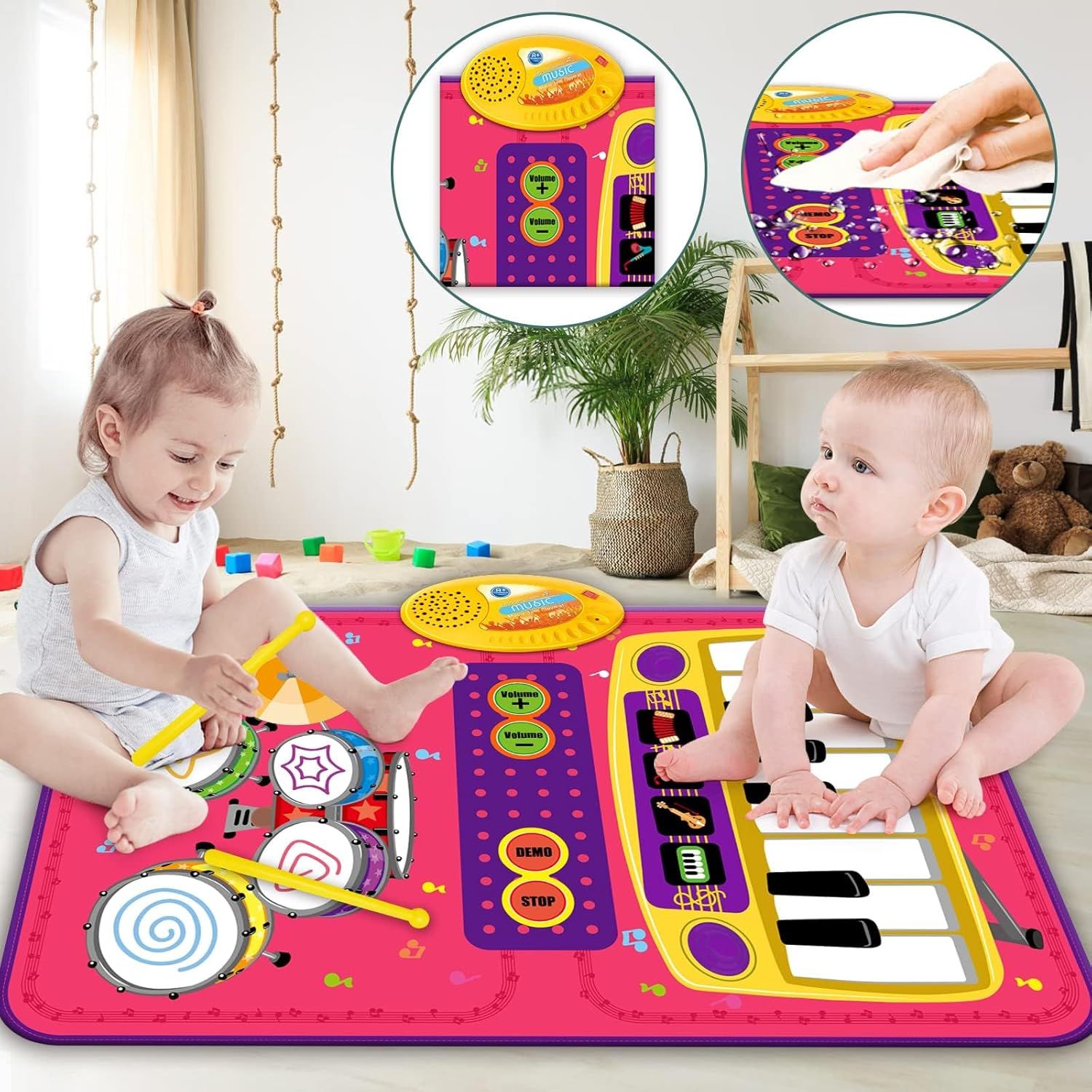 PRAGYM 2-in-1 Toddler Music Mat with Keyboard & Drum Toy - Red