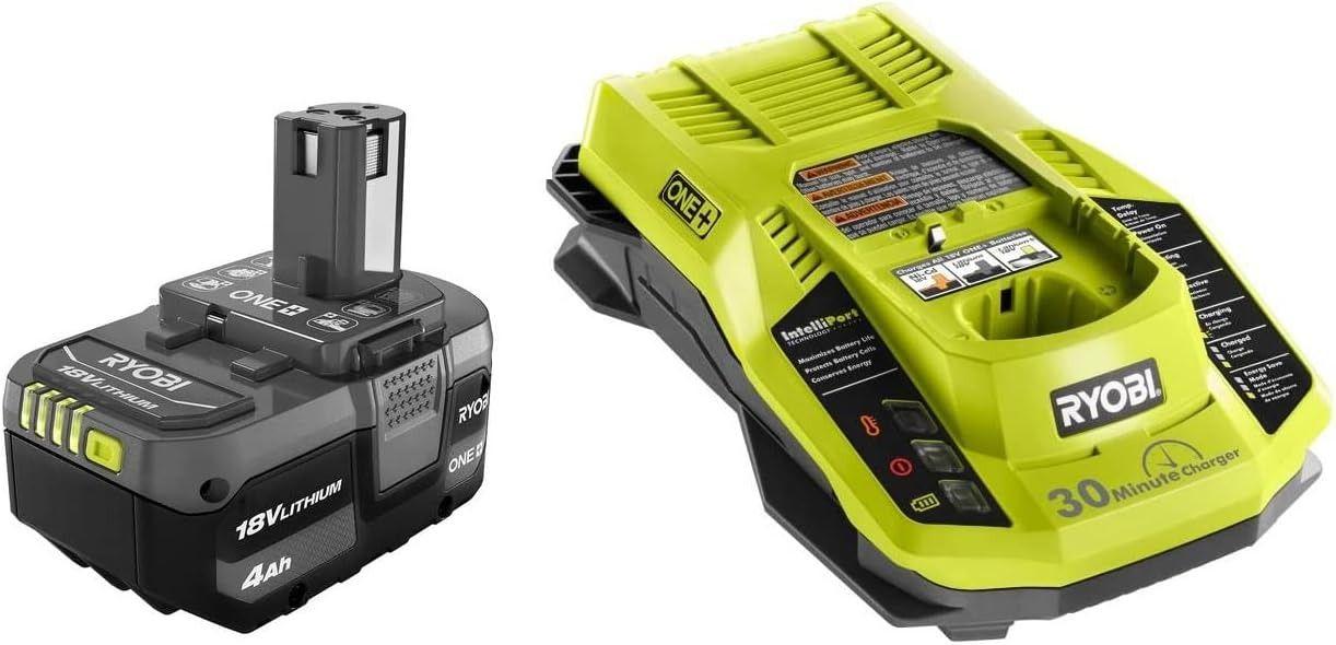 RYOBI  18-Volt ONE+ Lithium-Ion 4.0 Ah LITHIUM+ Battery and 18-Volt Dual Chemistry Charger Kit - Black/Green - Excellent