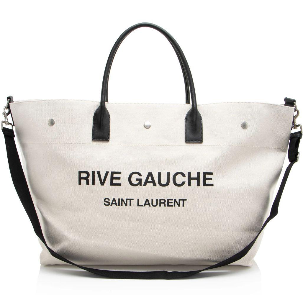 Saint Laurent Canvas Calfskin Rive Gauche Maxi Tote - Canvas - Beige/Black