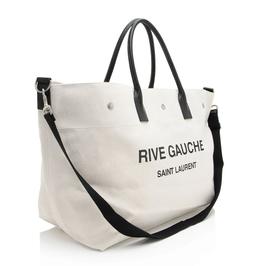 Saint Laurent Canvas Calfskin Rive Gauche Maxi Tote - Canvas - Beige/Black