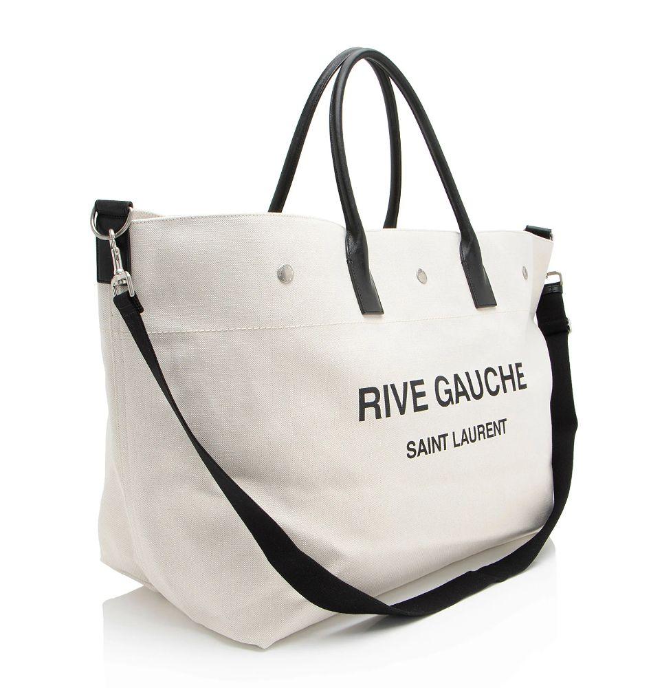 Saint Laurent Canvas Calfskin Rive Gauche Maxi Tote - Canvas - Beige/Black