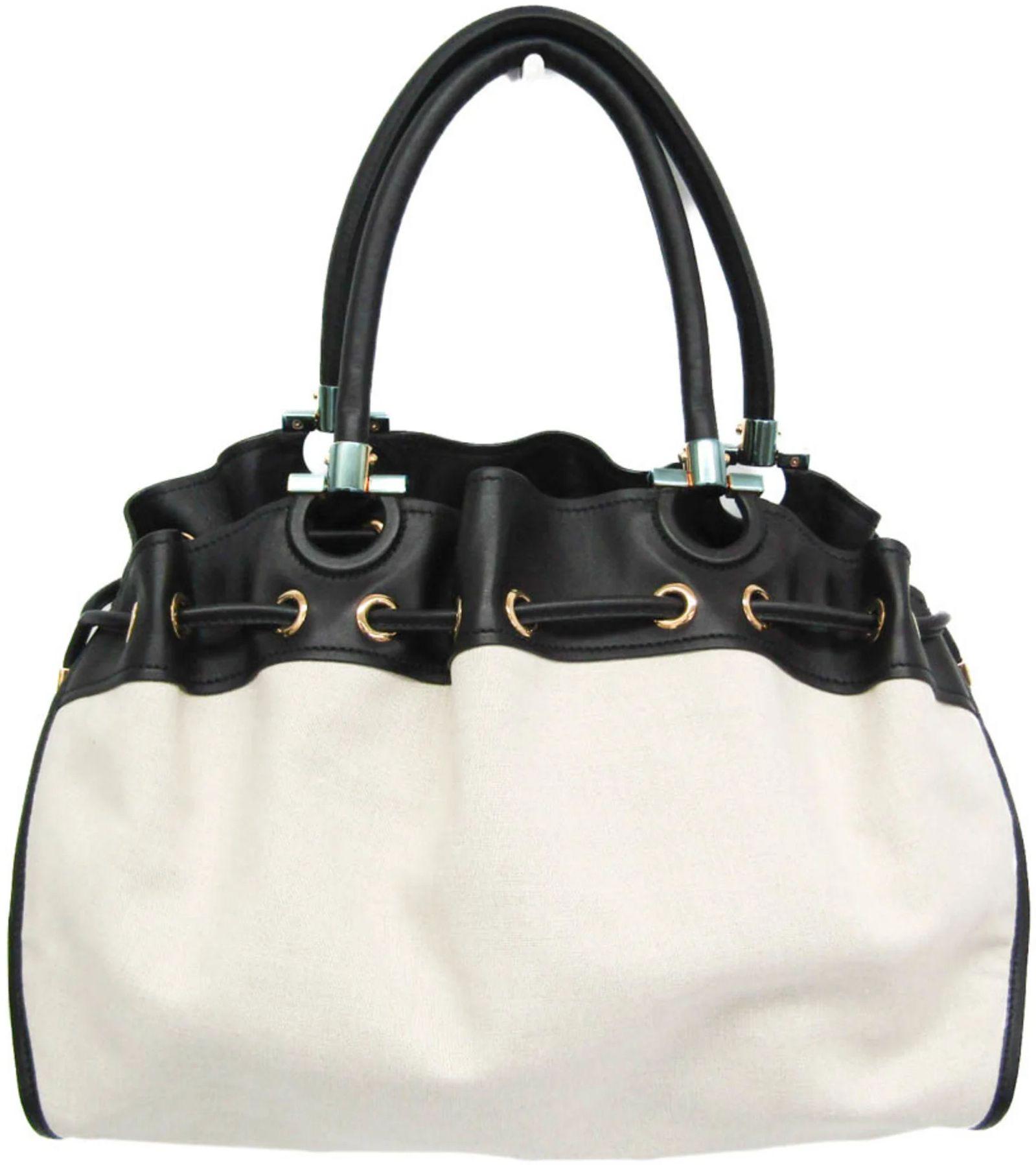 Salvatore Ferragamo  Canvas Leather Handbag - Black/Off-White - Canvas - Excellent