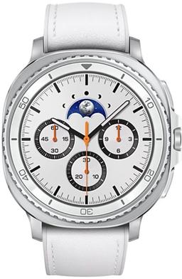 Galaxy Watch8 (Bluetooth + LTE) - 32GB - 46mm - White Classic (Stainless Steel) Case with White Bio-based Synthetic Leather + Rubber Hybrid Band - Small/Medium/Large Size