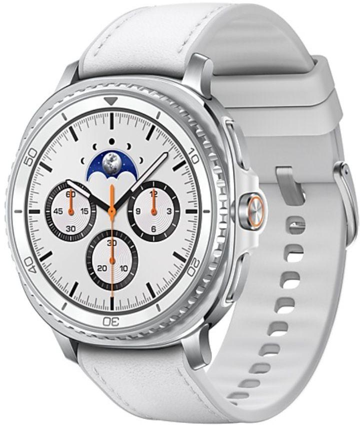 Galaxy Watch8 (Bluetooth + LTE) - 32GB - 46mm - White Classic (Stainless Steel) Case with White Bio-based Synthetic Leather + Rubber Hybrid Band - Small/Medium/Large Size