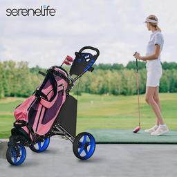 SereneLife Foldable 3-Wheel Golf Push Cart - Blue