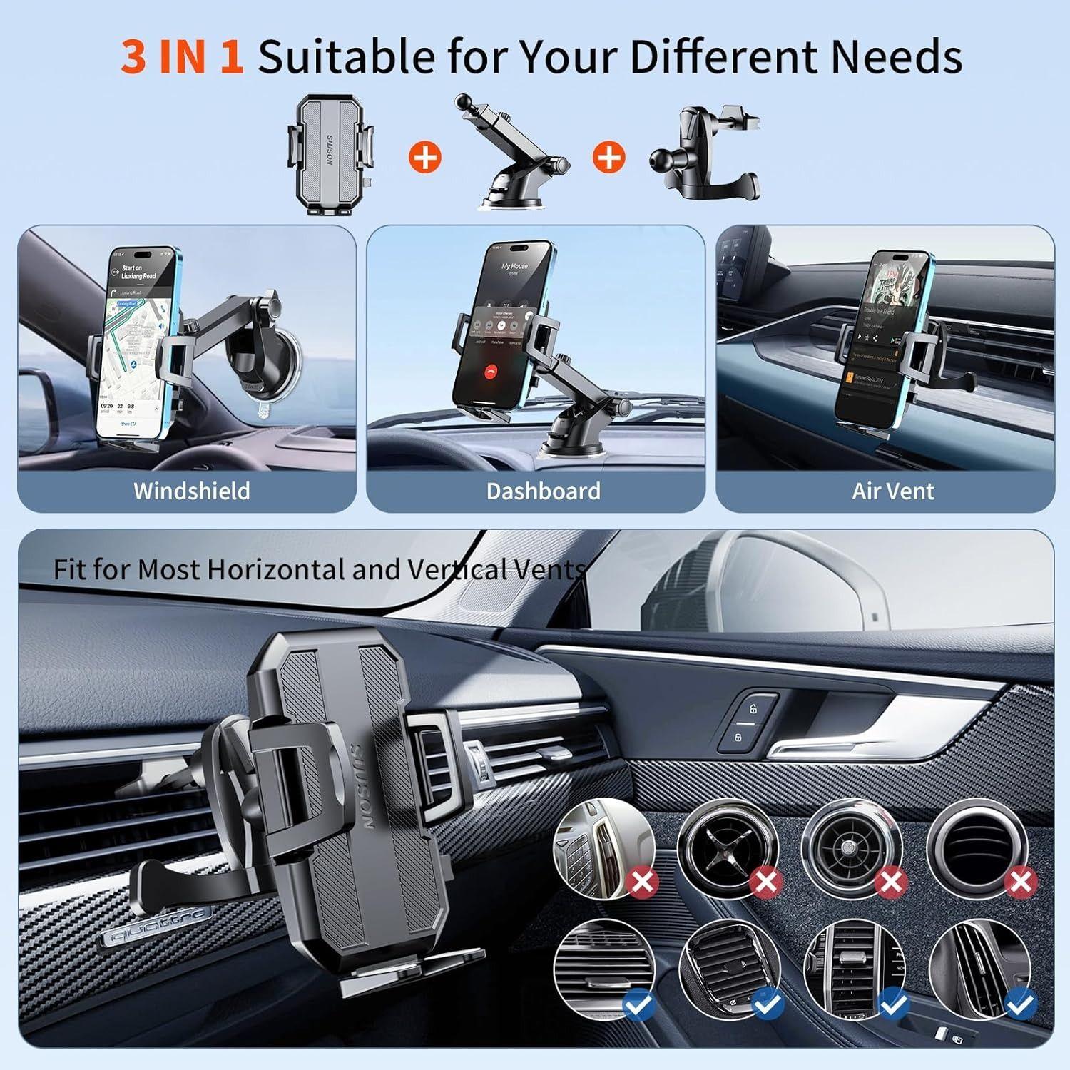 SUUSON Upgraded 3-in-1 Car Phone Holder Mount - Black