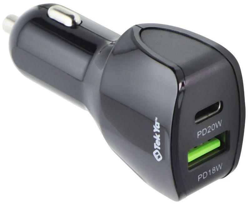 TekYa  38W Dual Port Car Charger Head with USB-C PD - Black - Brand New
