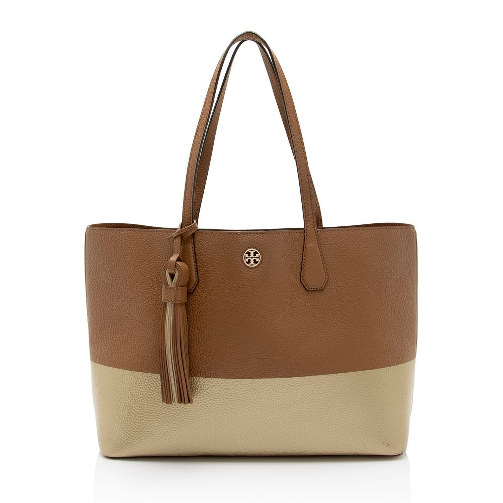 Tory Burch Leather Colorblock Perry Tote - Metallic Leather - Brown/Gold