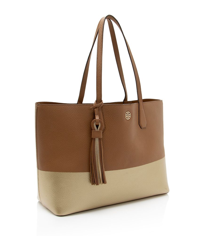 Tory Burch Leather Colorblock Perry Tote - Metallic Leather - Brown/Gold