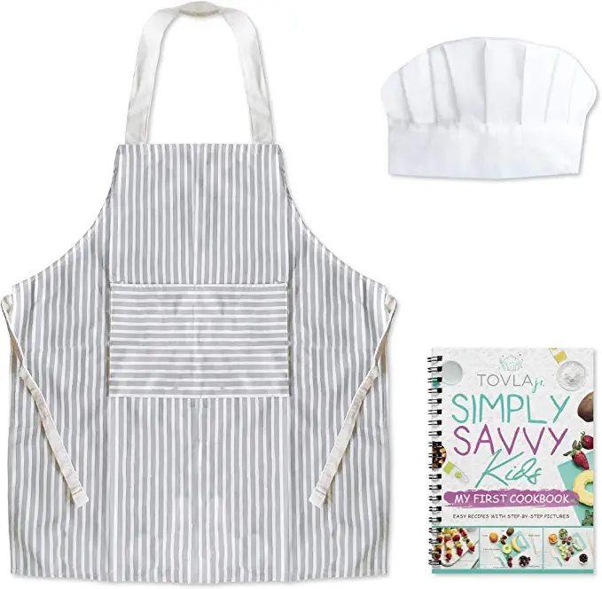 Tovla Jr.  Kids Cookbook | Cooking Apron and Hat - White/Grey - Brand New