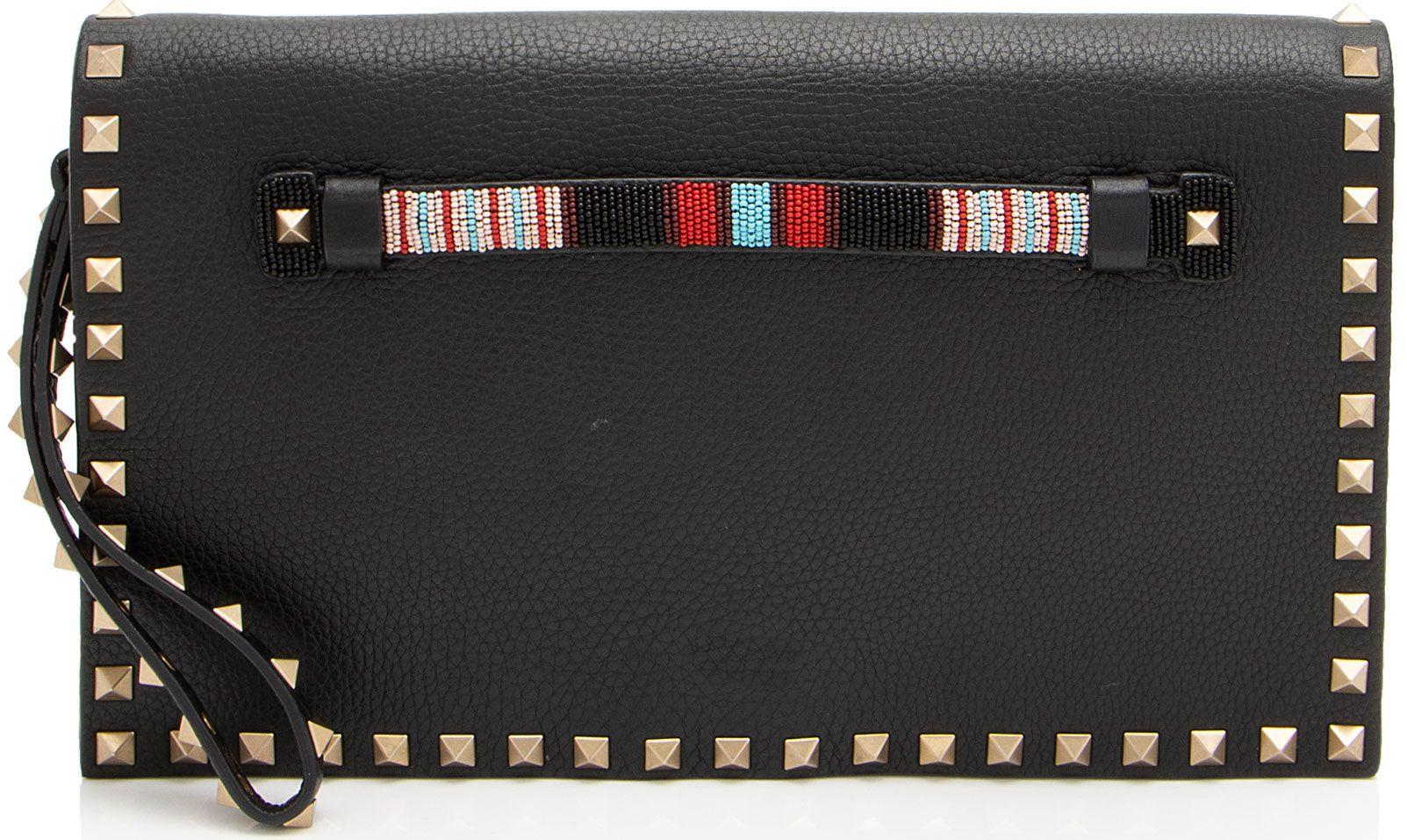 Valentino  Calfskin Beaded Rockstud Clutch - Black - Calfskin - Excellent
