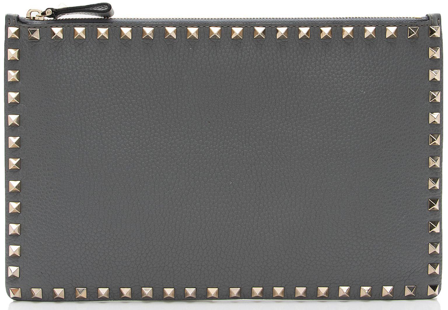 Valentino  Leather Rockstud Large Flat Clutch - Grey - Leather - Excellent
