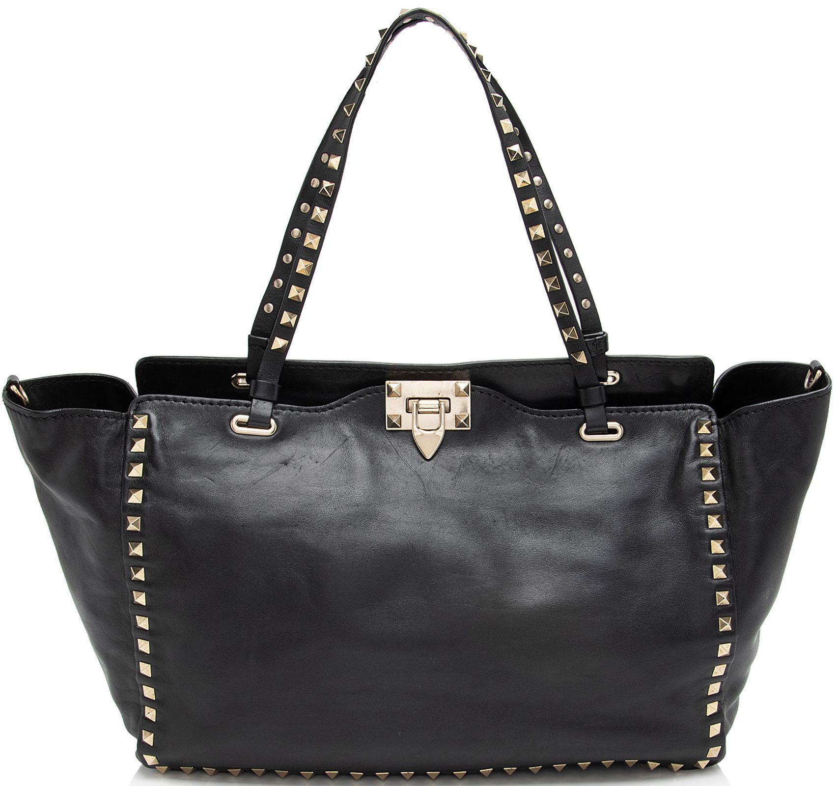 Valentino  Leather Rockstud Medium Tote - Black - Leather - Good