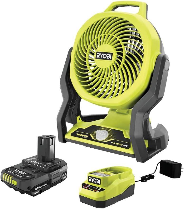 RYOBI  ONE+ 18V Cordless Hybrid Whisper Series 7.5" Fan Kit with Battery and Charger - Black/Green - Pristine