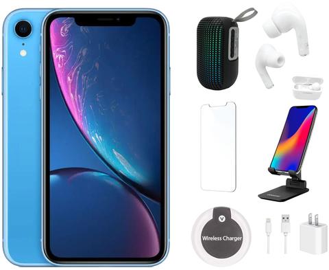 Apple iPhone XR Bundle with LED Wireless Speaker | Bluetooth Headphones | Screen Protector | Phone Stand | Wireless Charger - 64GB - Blue - Good