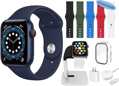 Apple  Watch Series 6 Bundle with Charging Stand | Watch Screen Protector | 2 amp Charger | 5 Additional Bands (Gray | Green | Navy | Red | White) - 32GB - Blue - GPS - 40mm - Blue - Aluminum - Sport Band - Rubber - Acceptable