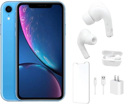 Apple iPhone XR Bundle with Bluetooth Headphones | Screen Protector | Wall Charger - 256GB - Blue - Good