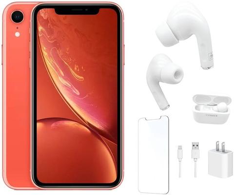 Apple iPhone XR Bundle with Bluetooth Headphones | Screen Protector | Wall Charger - 256GB - Coral - Good