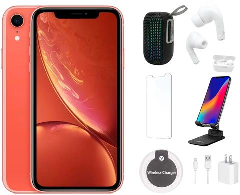 Apple iPhone XR Bundle with LED Wireless Speaker | Bluetooth Headphones | Screen Protector | Phone Stand | Wireless Charger - 64GB - Coral - Good