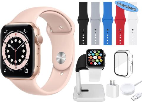 Apple  Watch Series 6 Bundle with Charging Stand | Watch Screen Protector | 2 amp Charger | 5 Additional Bands (Gray | Green | Navy | Red | White) - 32GB - Gold - Cellular + GPS - 40mm - Gold - Aluminum - Sport Band - Rubber - Acceptable