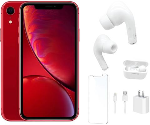 Apple iPhone XR Bundle with Bluetooth Headphones | Screen Protector | Wall Charger - 128GB - Red - Good